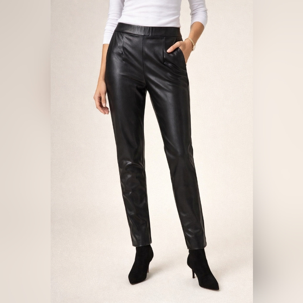 NWOT DKNY Jeans Women's Black Faux Leather Stretch Pants Pull On Elastic Waist M